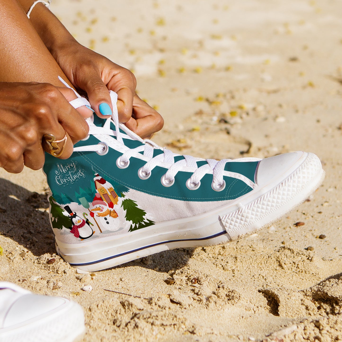 Playful Penguin & Snowman High Top Canvas Shoes | Teal Christmas Holiday Sneakers
