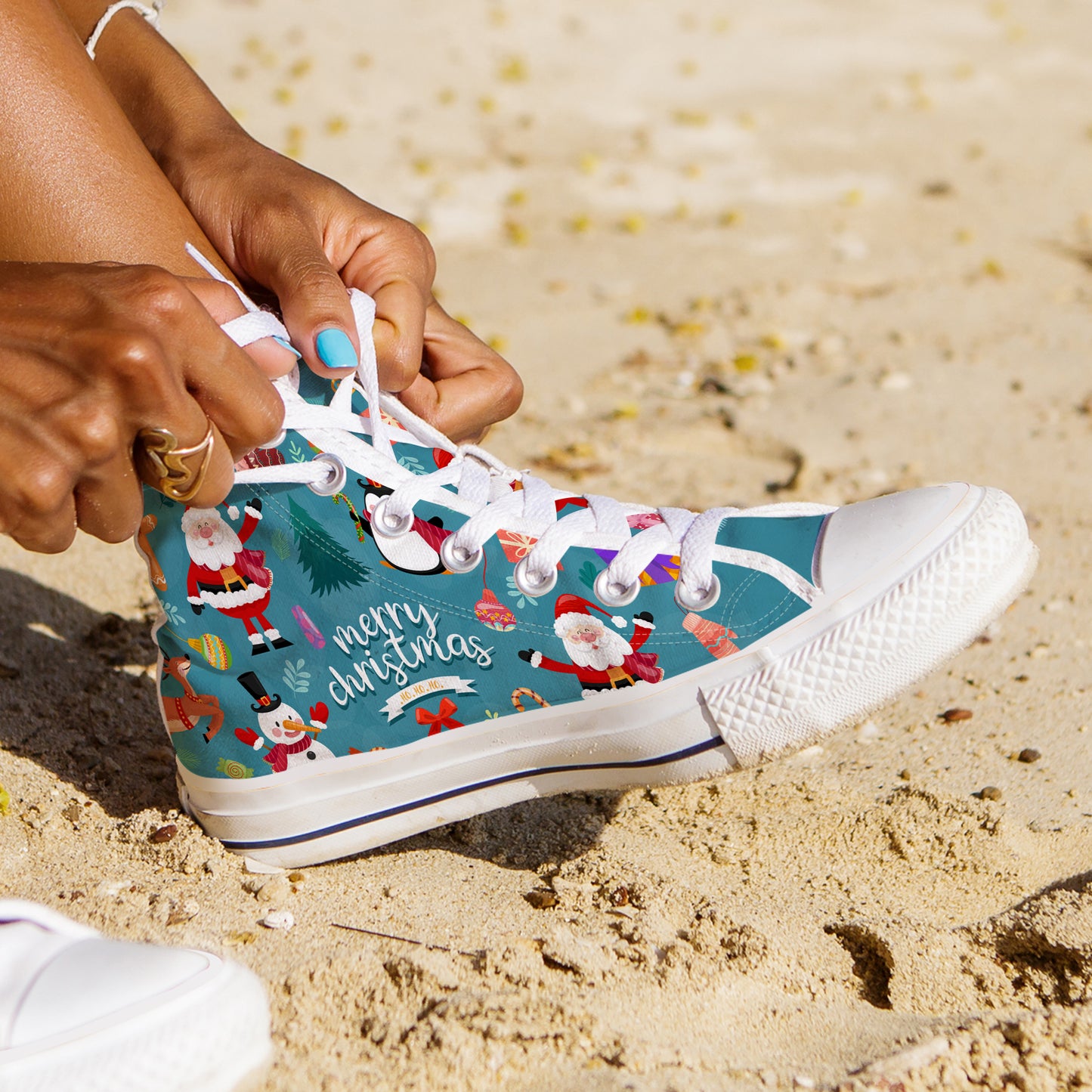 Vibrant All-Over Christmas Pattern High Top Canvas Shoes | Santa & Reindeer Holiday Print