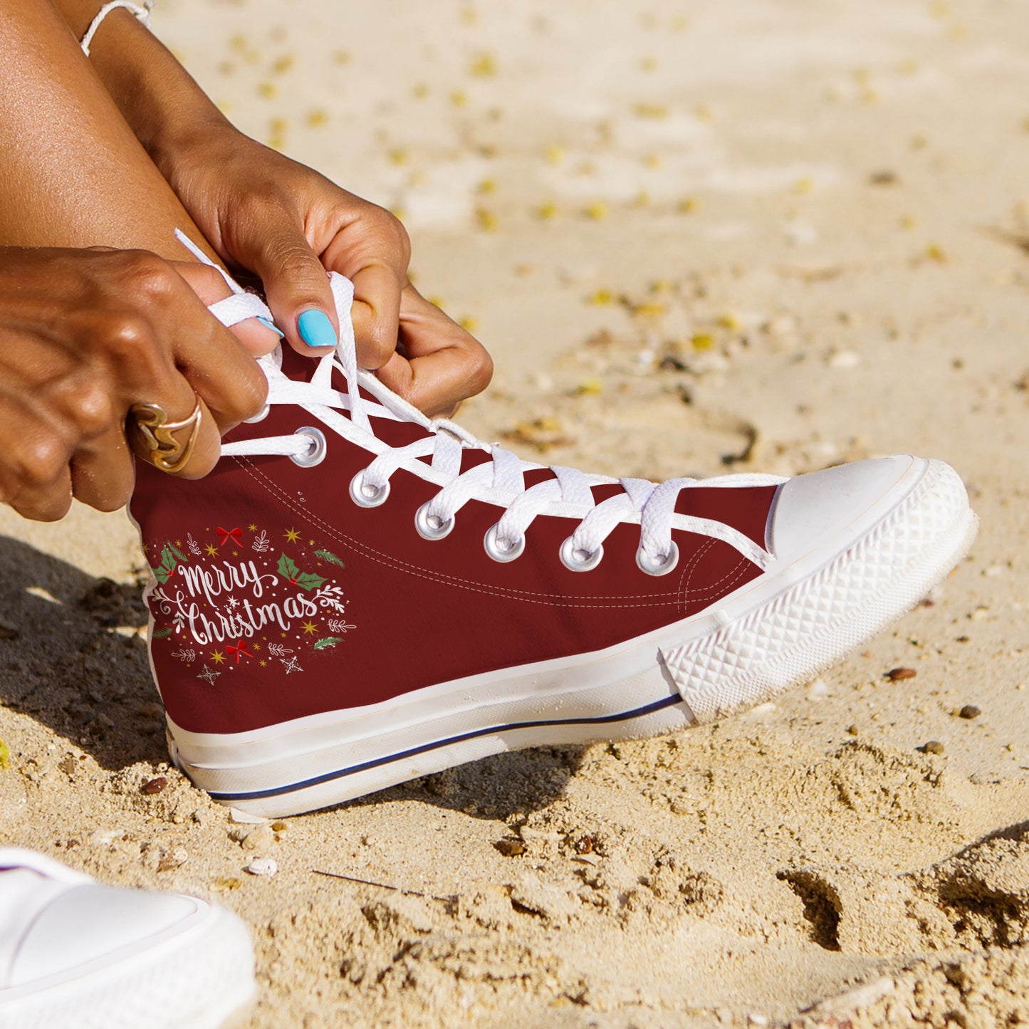 Adorable Puppy Pile High Top Canvas Shoes | Burgundy Dog Christmas Tree Sneakers