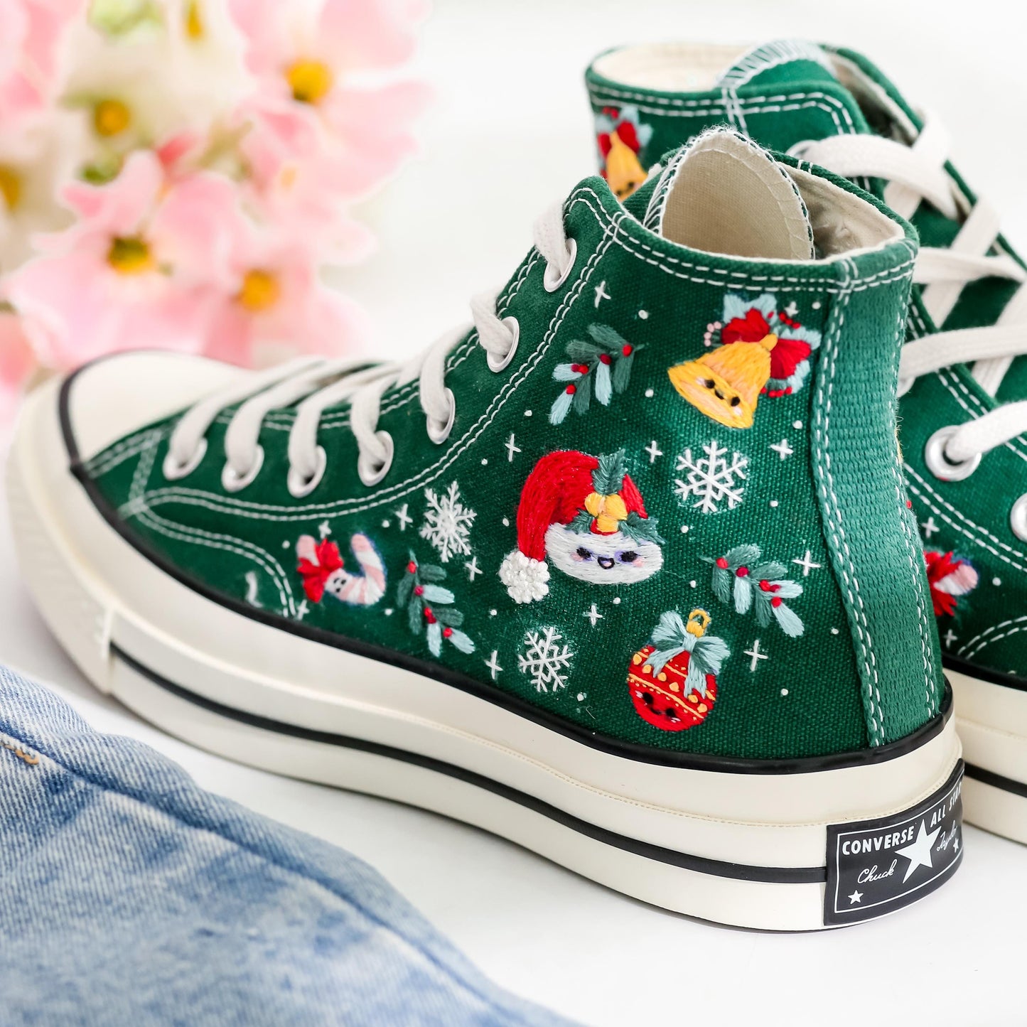 Custom Christmas Embroidered Converse | Santa Claus & Reindeer Sneakers with Snowflakes