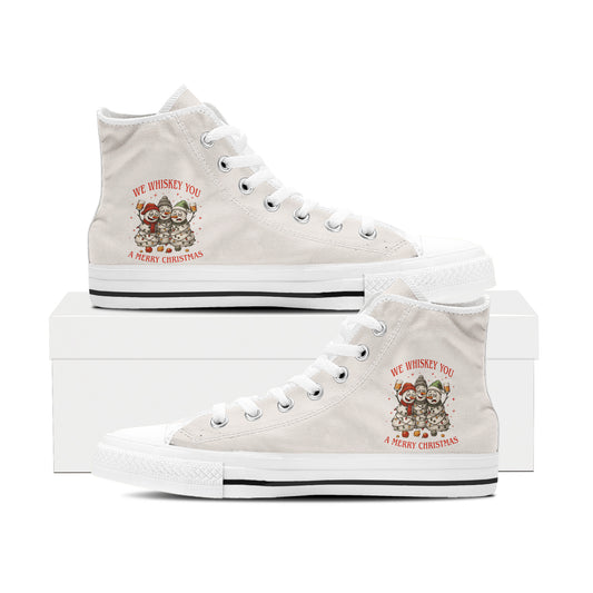 Funny "We Whiskey You A Merry Christmas" High Top Canvas Shoes | Adult Holiday Pun Sneakers