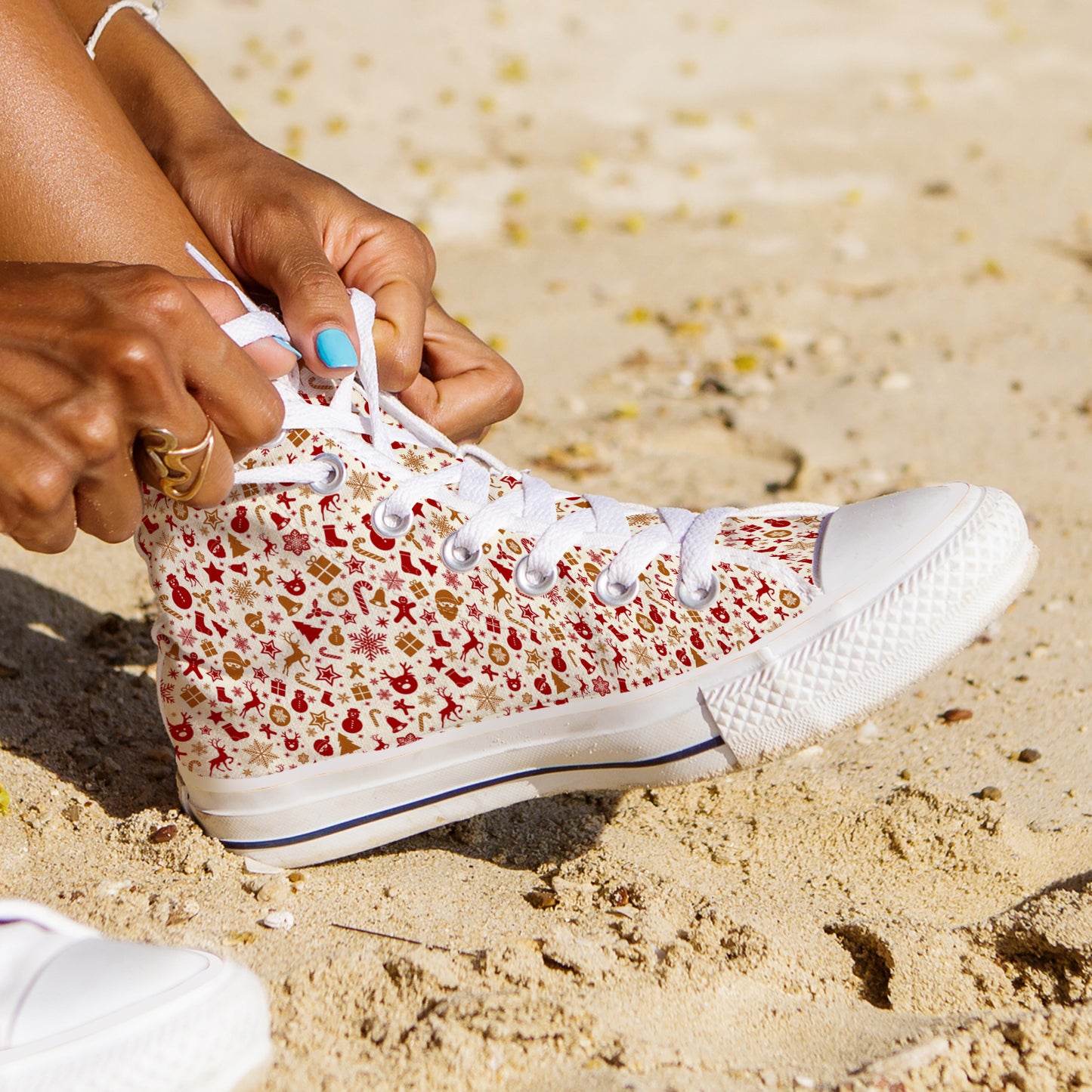 All-Over Red & Gold Christmas Pattern High Top Canvas Shoes | Elegant Holiday Sneakers