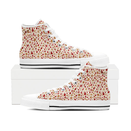 All-Over Red & Gold Christmas Pattern High Top Canvas Shoes | Elegant Holiday Sneakers