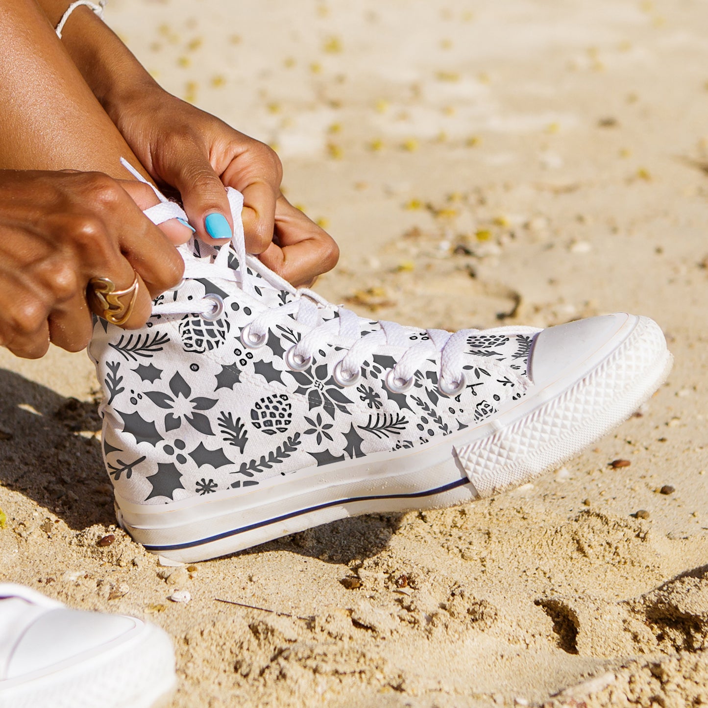 Elegant Black & White Holly High-Top Sneakers | Monochrome Christmas Canvas Shoes