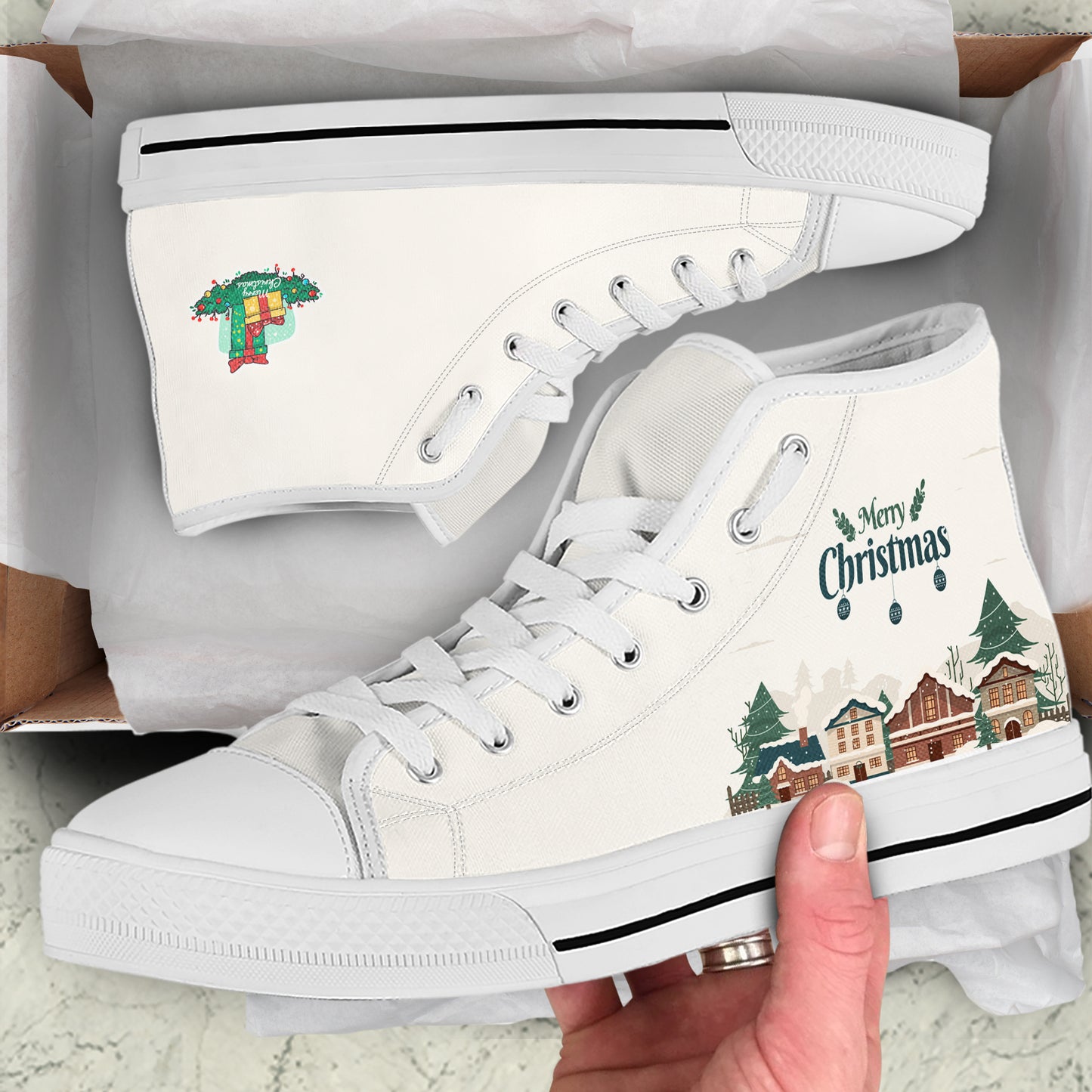 Winter Village "Merry Christmas" High Top Canvas Shoes | Cozy Vintage Holiday Sneakers