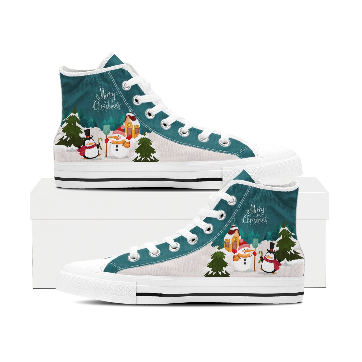 Playful Penguin & Snowman High Top Canvas Shoes | Teal Christmas Holiday Sneakers