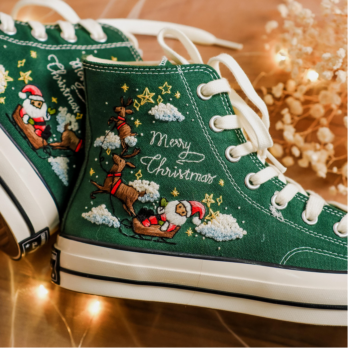Custom Christmas Embroidered Converse High Tops | Santa Claus, Reindeer & Poinsettia Floral Sneakers