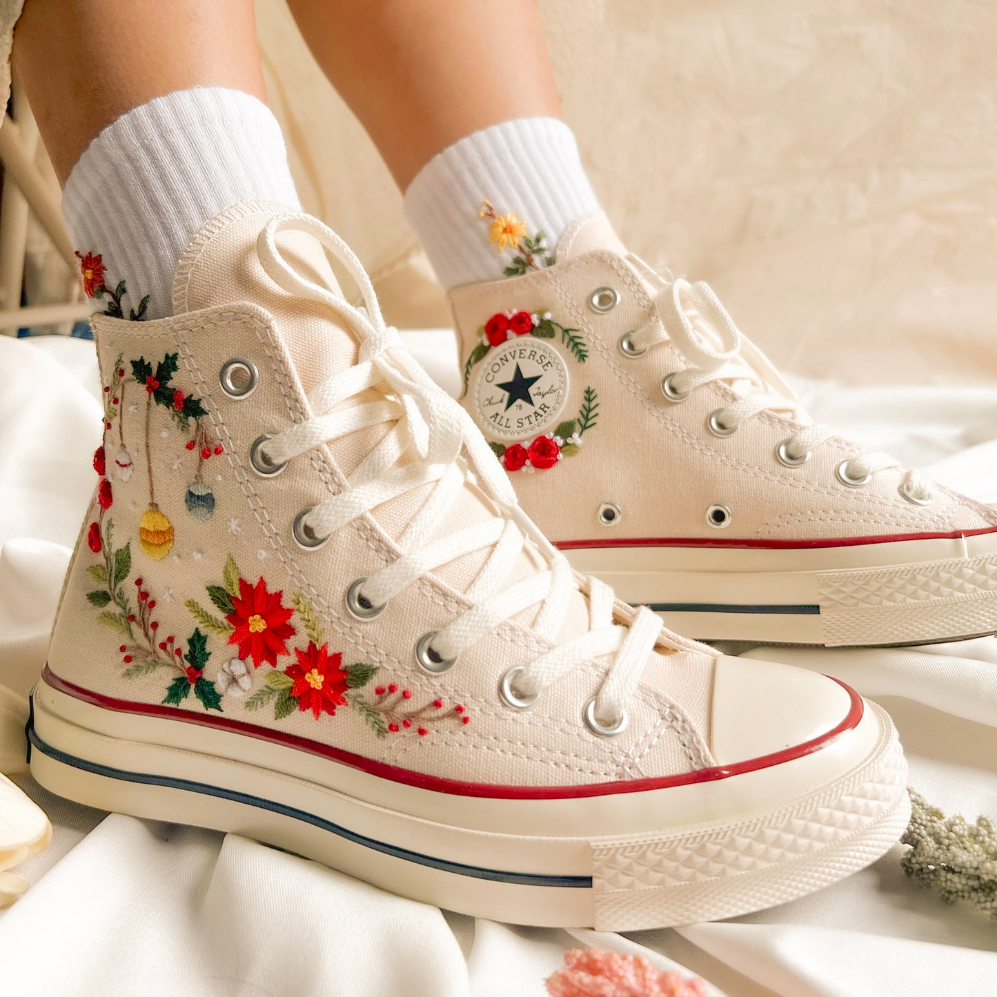Custom Christmas Embroidered Converse Chuck 70 | Pine Tree & Floral High Top Sneakers