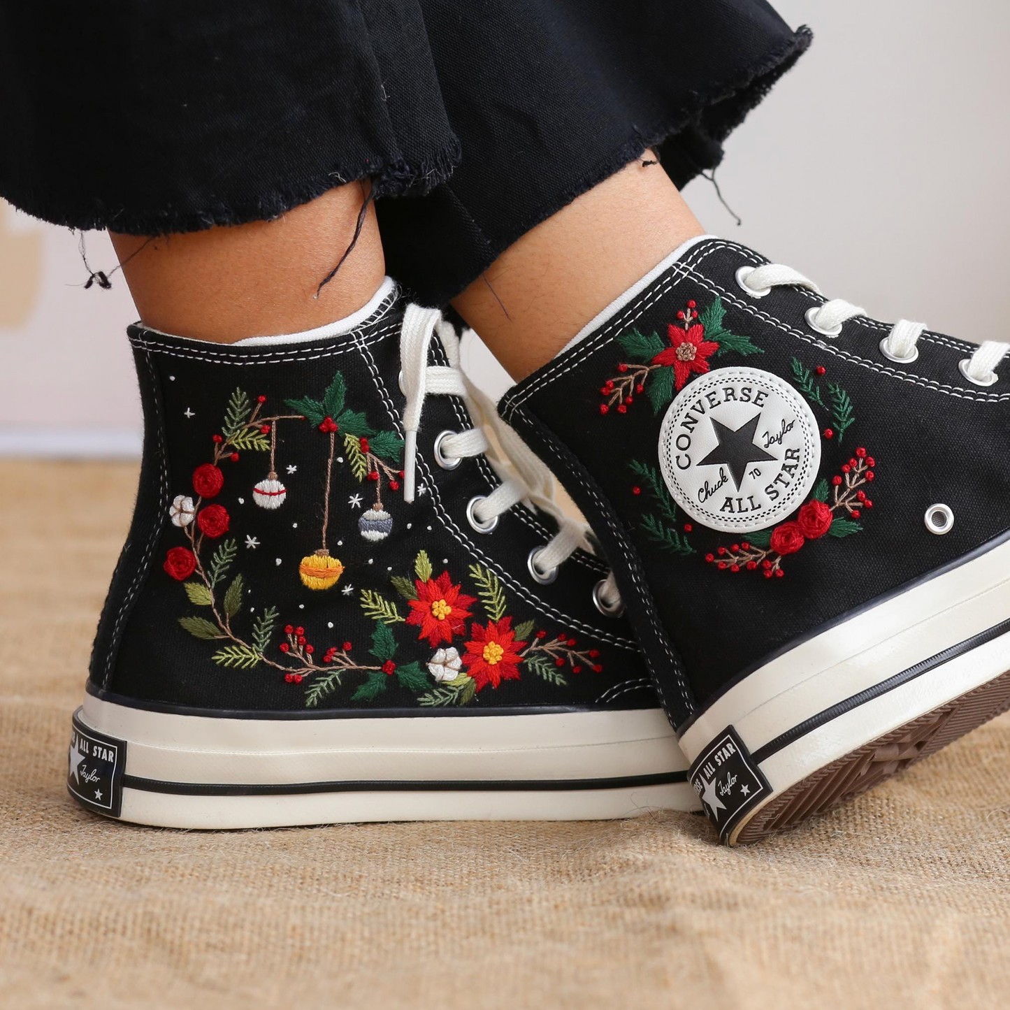 Custom Christmas Embroidered Converse Chuck Taylor | Pine Tree & Floral Holiday Sneakers