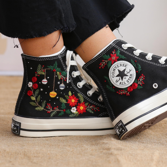 Custom Christmas Embroidered Converse Chuck Taylor | Pine Tree & Floral Holiday Sneakers