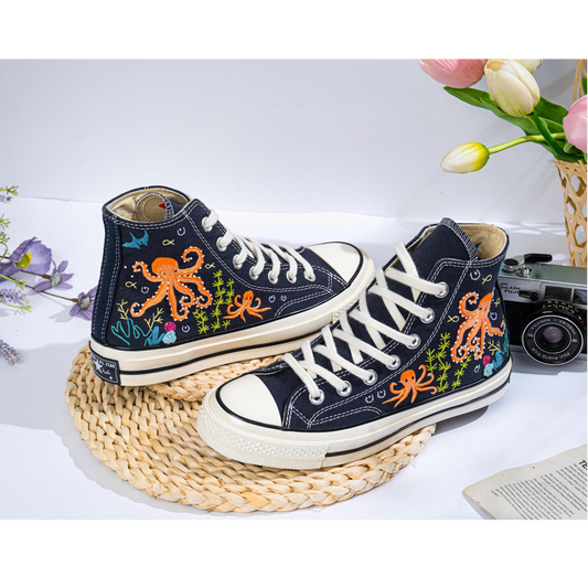 Hand-Embroidered Converse Shoes | Octopus Ocean Design