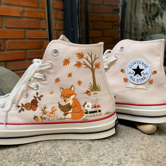 Autumn Fox Embroidered Converse | Book Lover Floral Sneakers