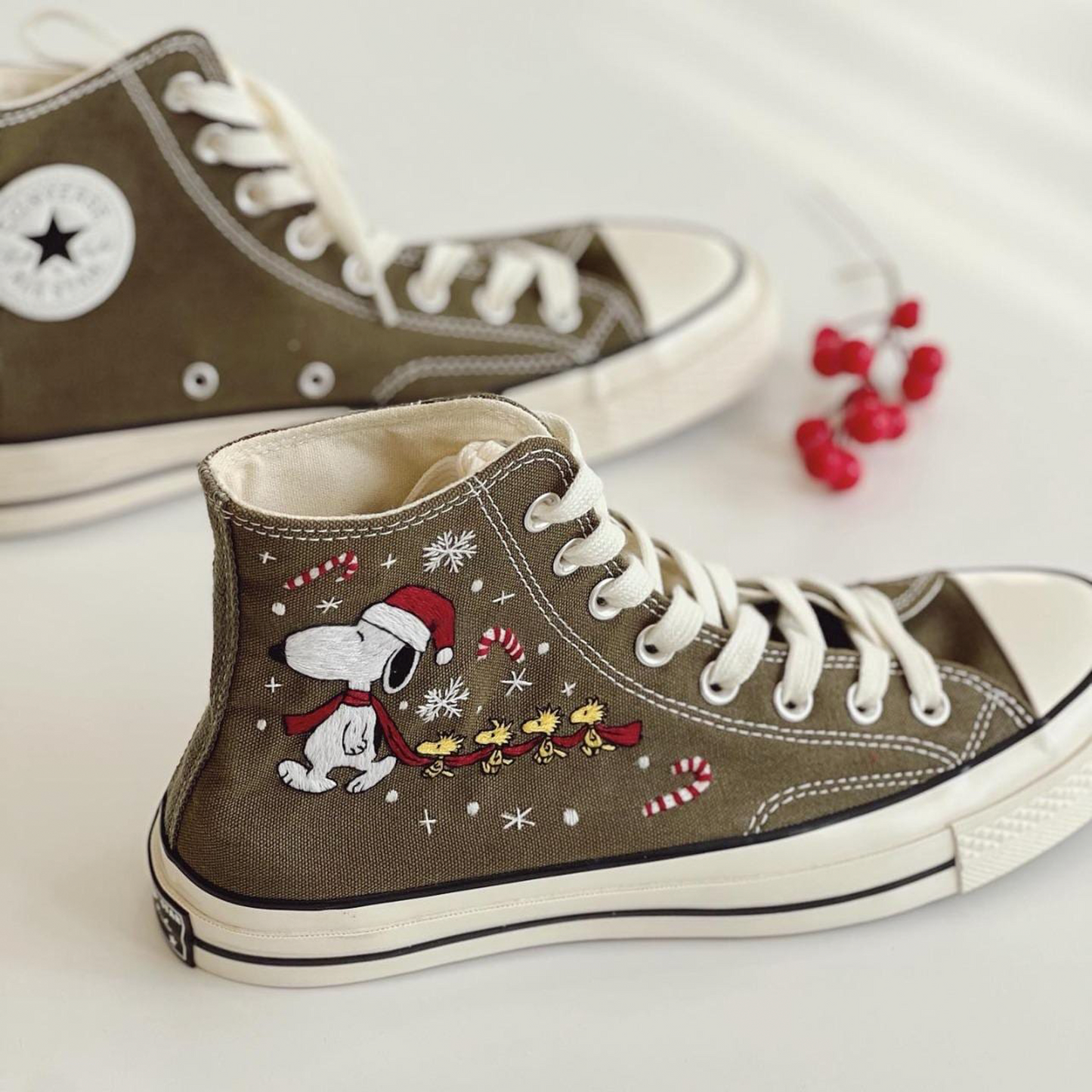 Custom Snoopy Christmas Embroidered Converse | Santa Hat High Top Winter Sneakers Gift
