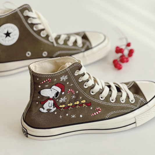 Custom Snoopy Christmas Embroidered Converse | Santa Hat High Top Winter Sneakers Gift