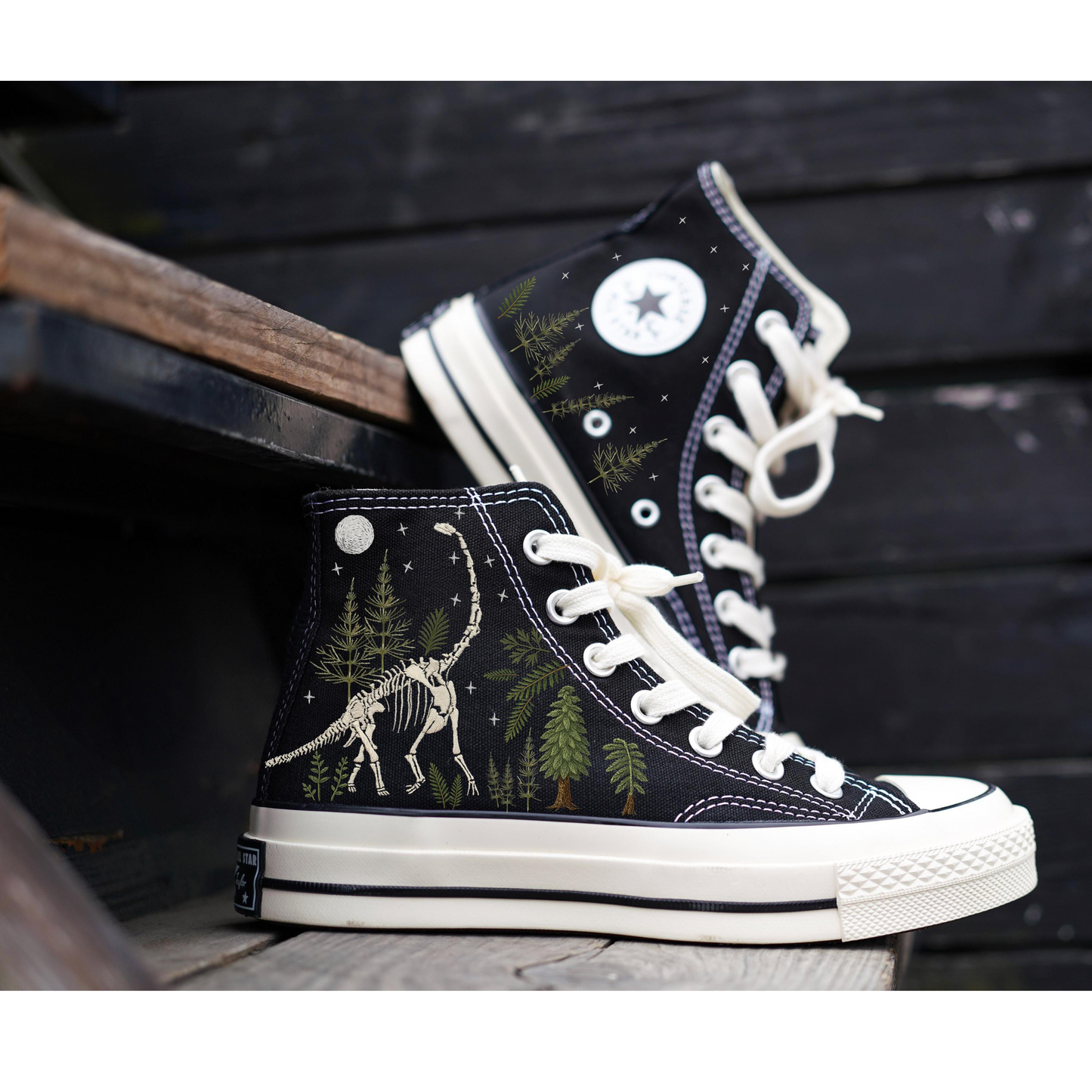 Embroidered Dinosaur Fossil Converse Chuck 70 Sneakers | Retro Custom High Top Shoes