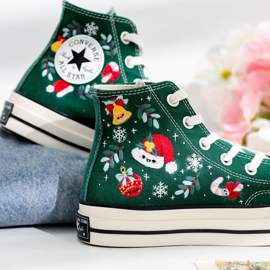 Custom Christmas Embroidered Converse | Santa Claus & Reindeer Sneakers with Snowflakes