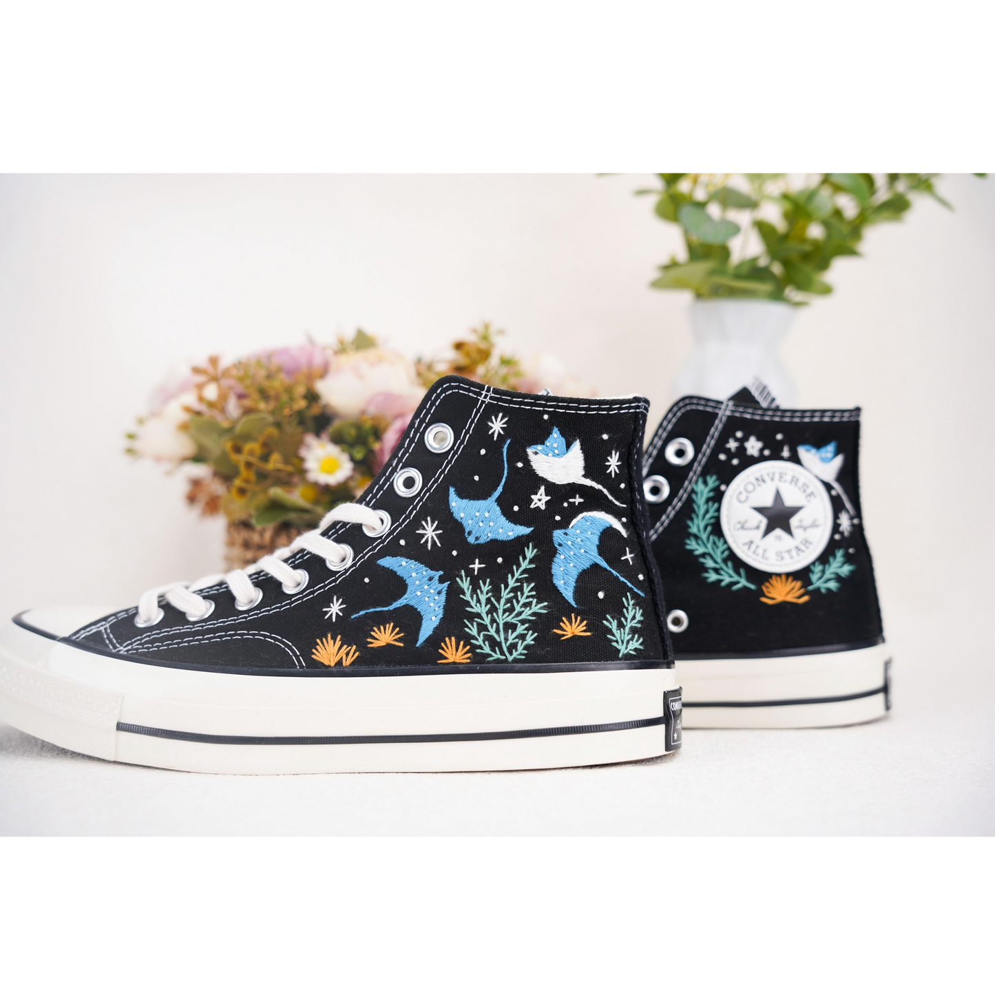 Manta Ray Embroidered Converse | Custom Ocean Chuck Taylor 1970s High Tops