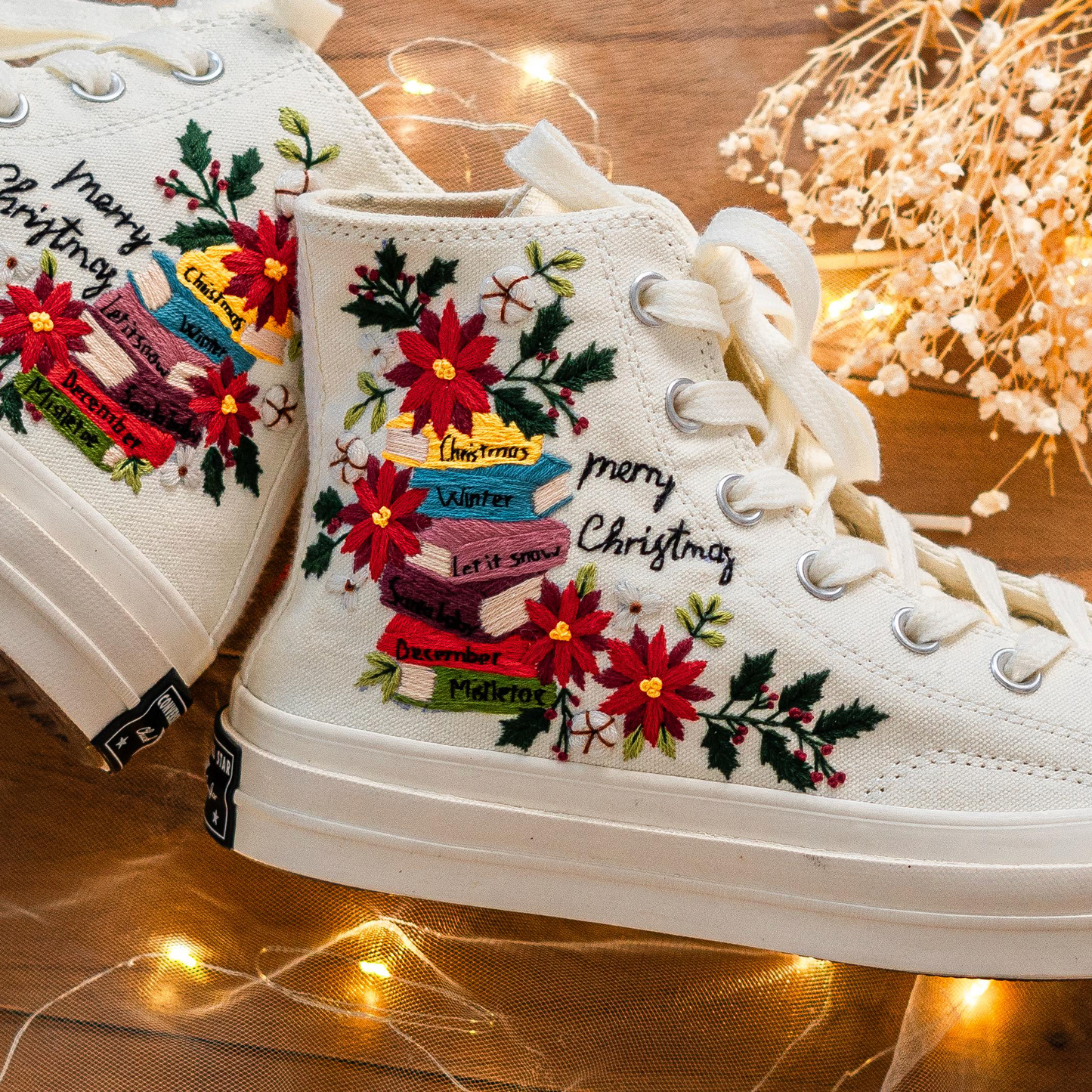Custom Embroidered Converse Chuck Taylor | Floral & Book Design Christmas Vibes Sneakers
