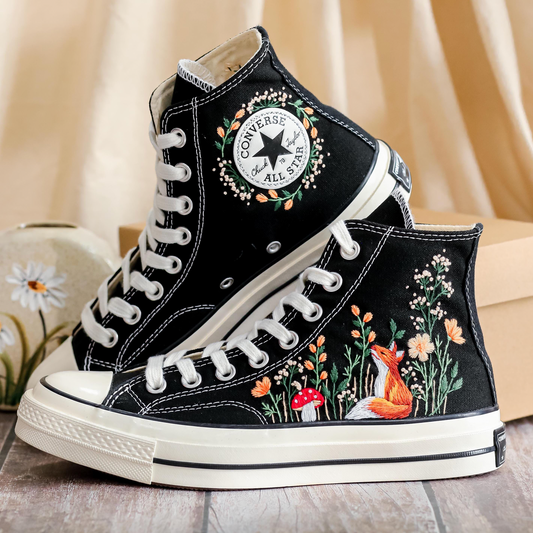 Custom Fox Embroidered Converse High Tops | Floral 1970s Chuck Taylor Sneakers