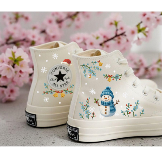 Hand Embroidered Christmas Converse Chuck Taylor | Floral Snowman High Top Sneakers