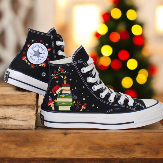 Custom Embroidered Converse Chuck Taylor | Mushroom & Floral Christmas Shoes for Book Lovers