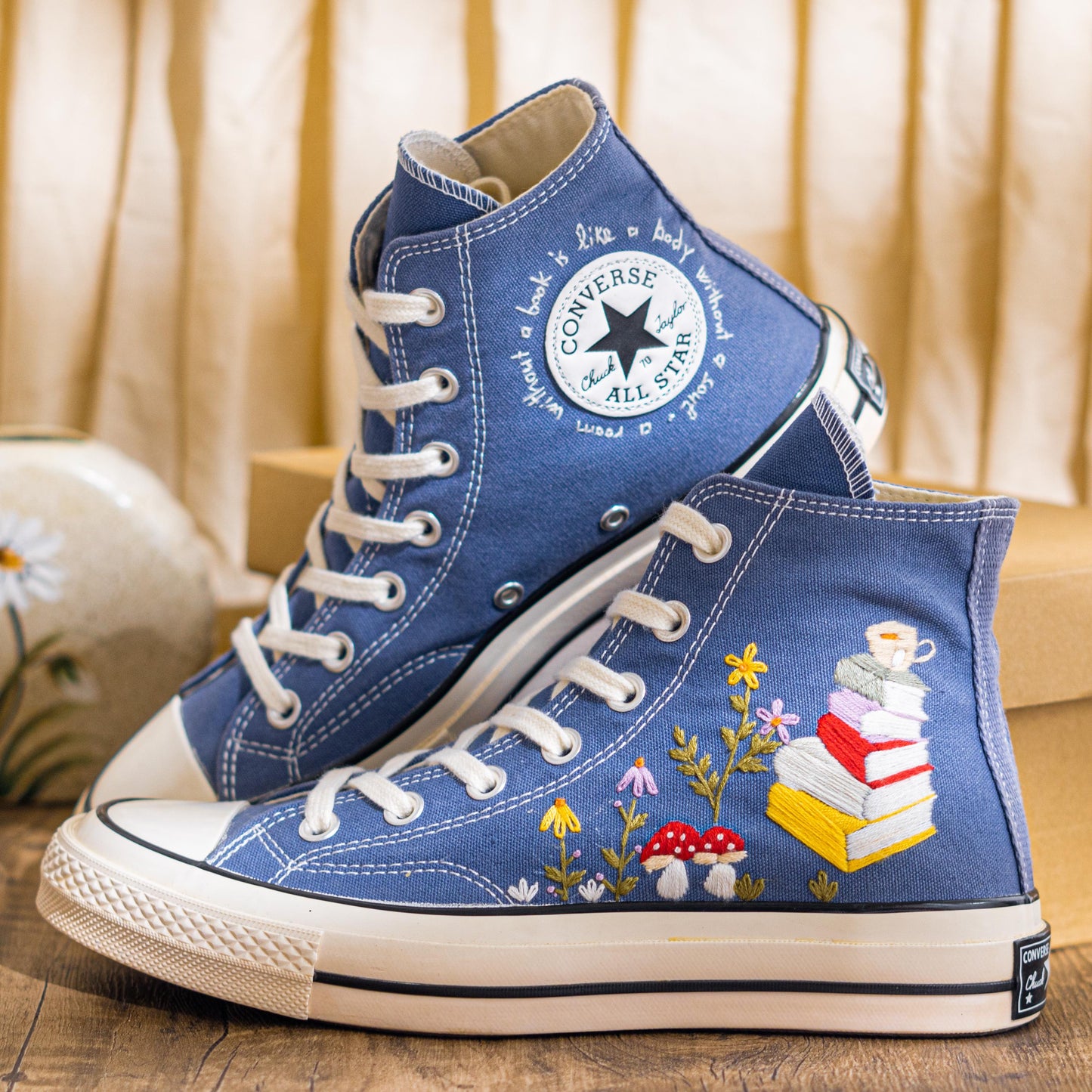 Denim Blue Embroidered Converse Chuck 70 | Custom Book & Mushroom High Top Sneakers | Unique Handmade Gift