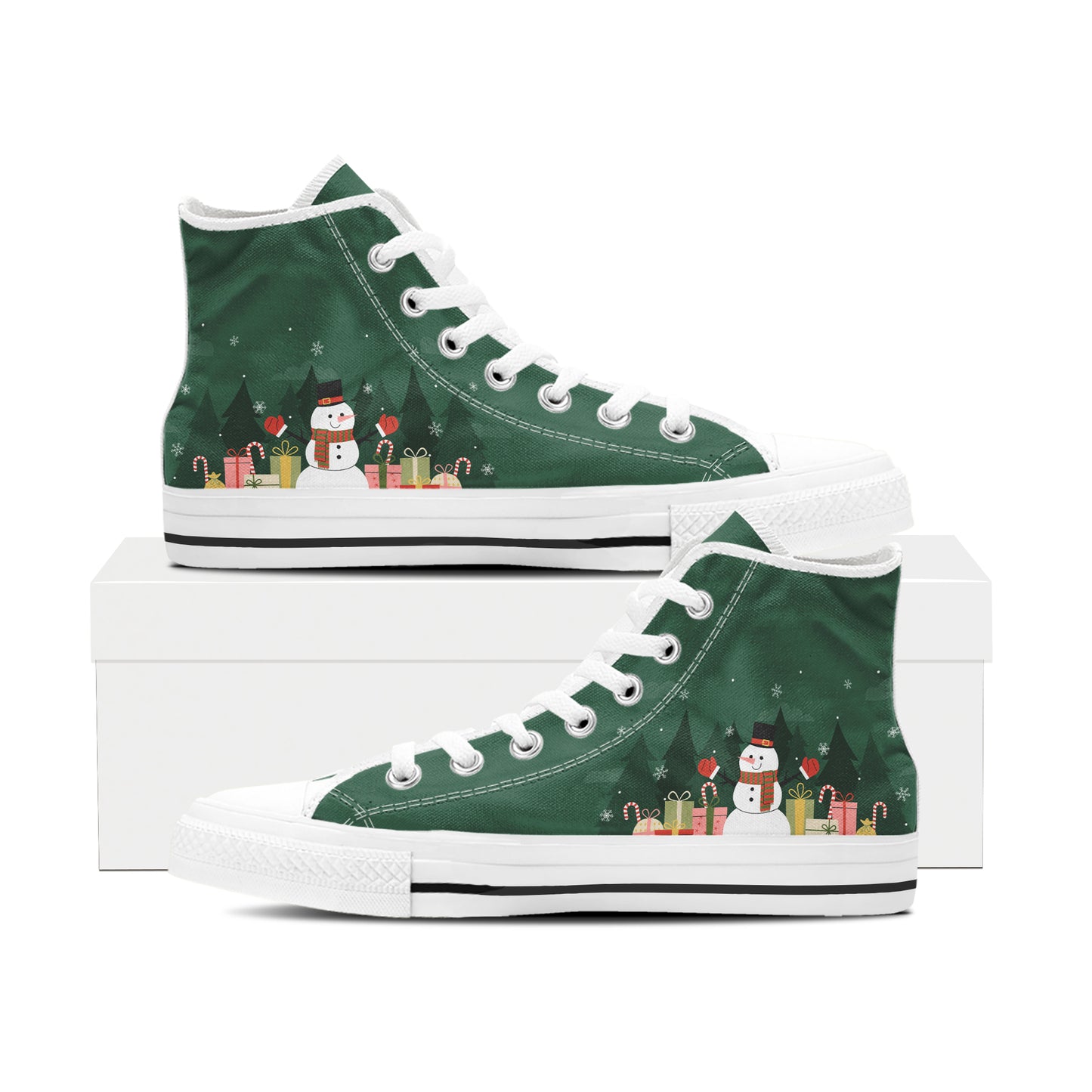 Christmas Snowman High Top Sneakers – Cute Holiday Gift Print, Green Winter Canvas Shoes