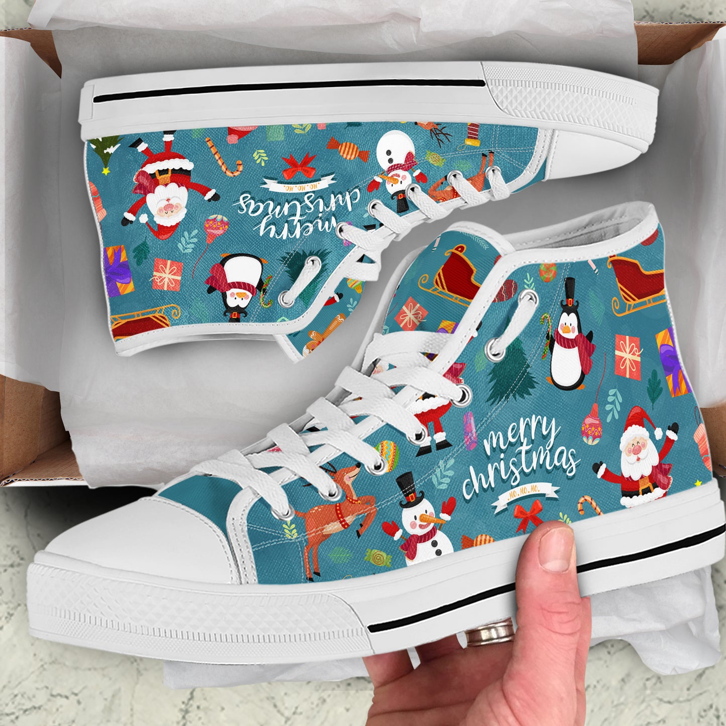 Vibrant All-Over Christmas Pattern High Top Canvas Shoes | Santa & Reindeer Holiday Print