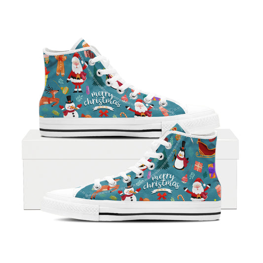 Vibrant All-Over Christmas Pattern High Top Canvas Shoes | Santa & Reindeer Holiday Print