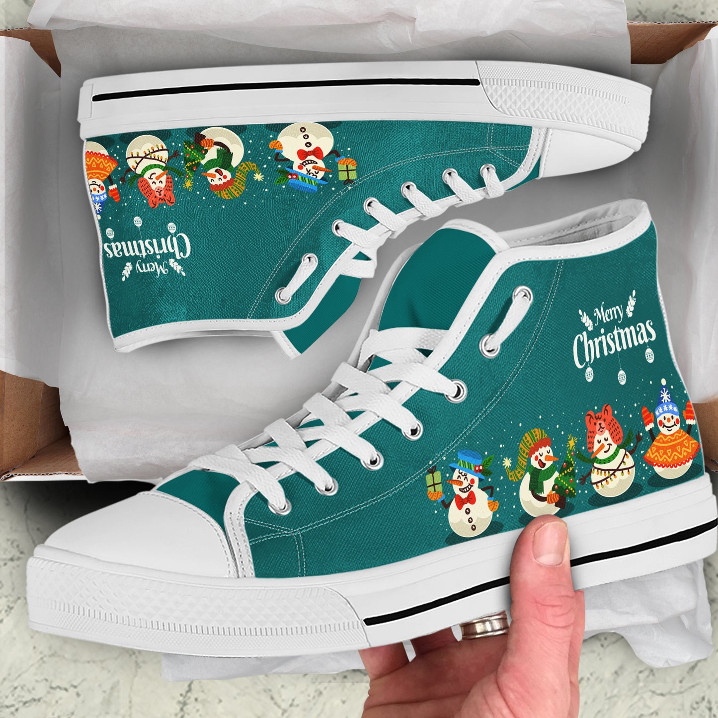 Whimsical Snowman Parade High Top Canvas Shoes | Teal Merry Christmas Sneakers