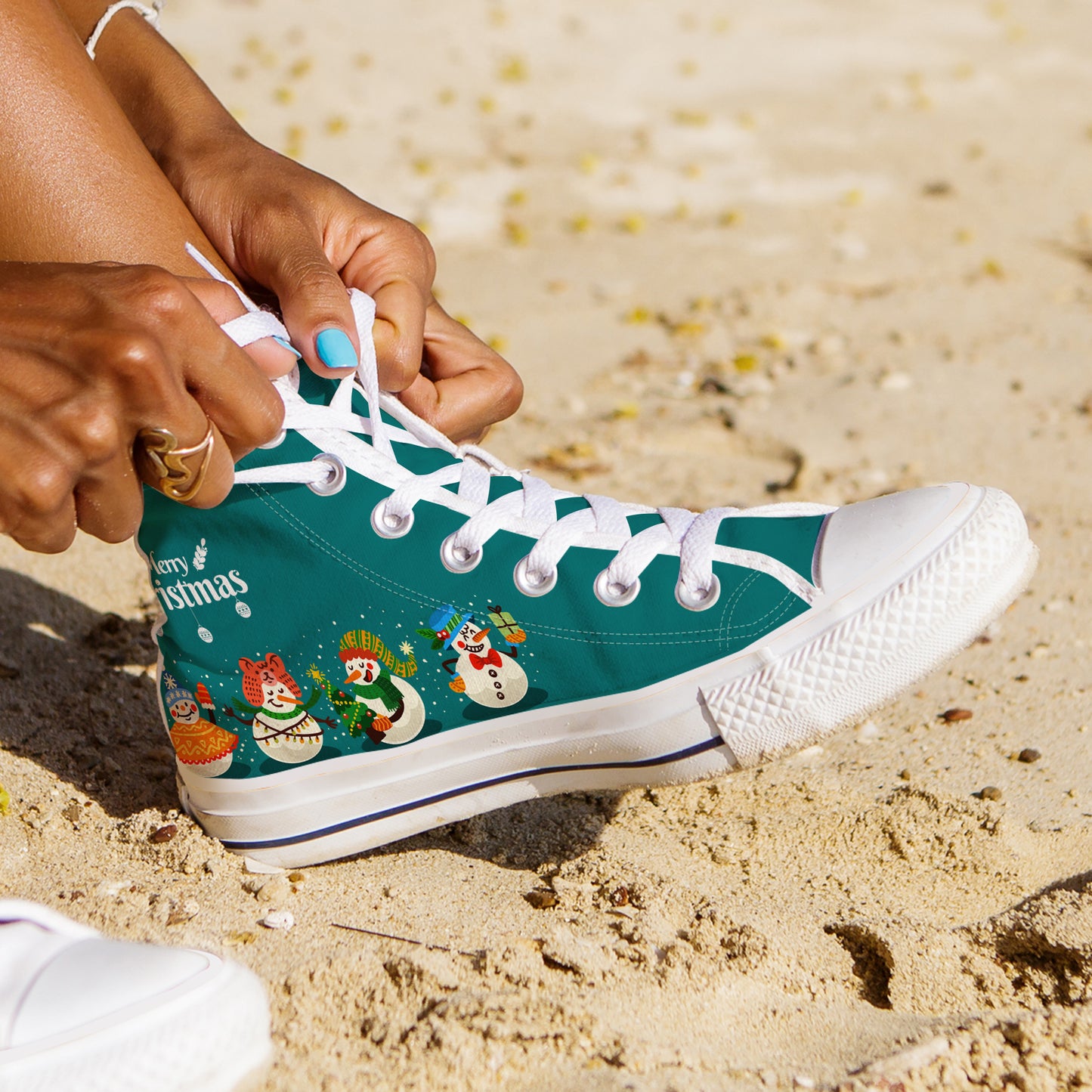 Whimsical Snowman Parade High Top Canvas Shoes | Teal Merry Christmas Sneakers