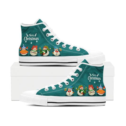 Whimsical Snowman Parade High Top Canvas Shoes | Teal Merry Christmas Sneakers