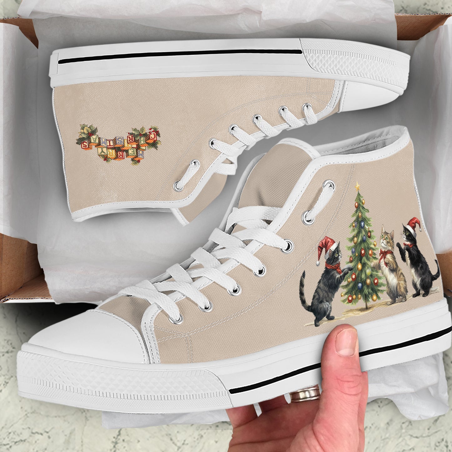 Mischievous Feline High Top Canvas Shoes | Cats and Christmas Tree Holiday Sneakers