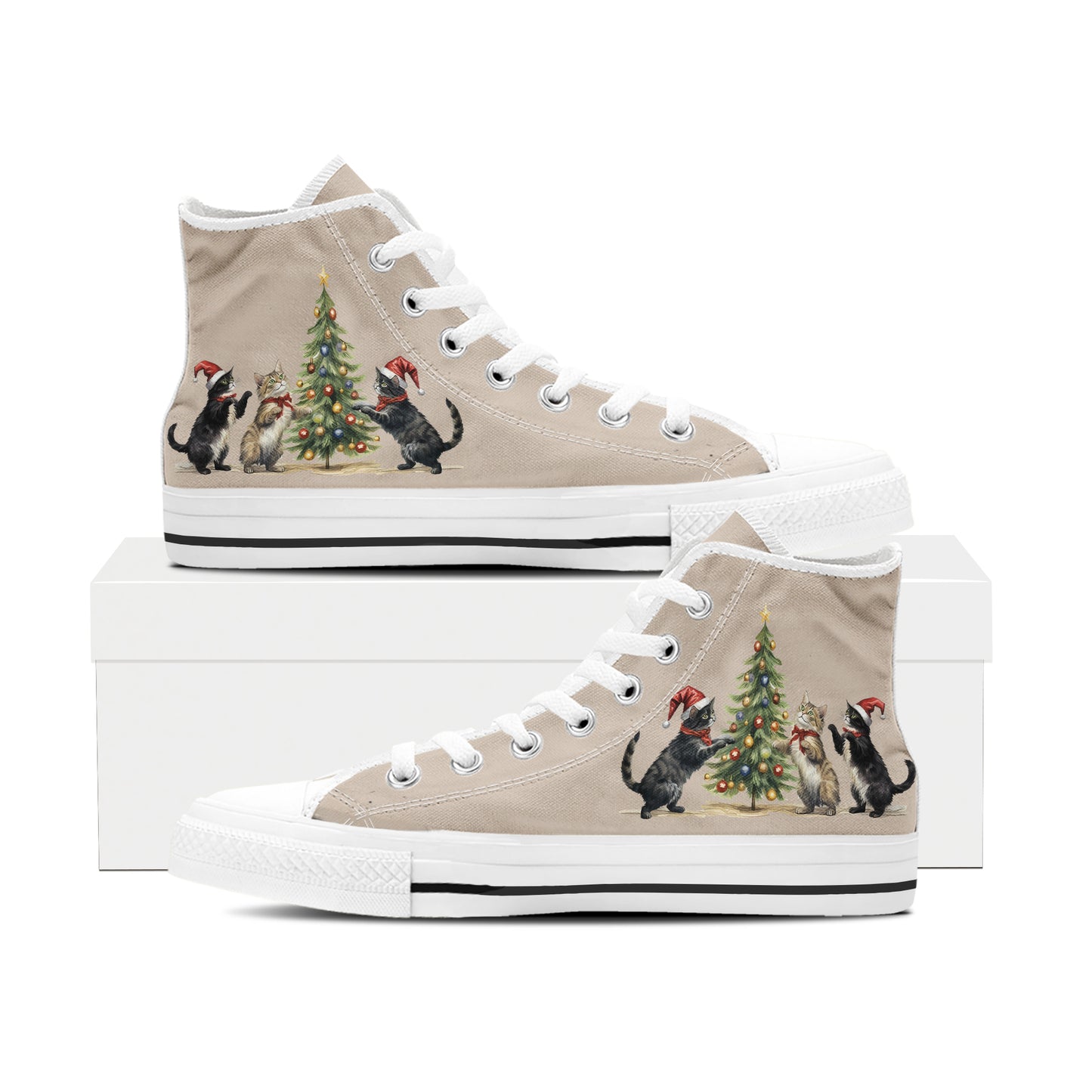 Mischievous Feline High Top Canvas Shoes | Cats and Christmas Tree Holiday Sneakers