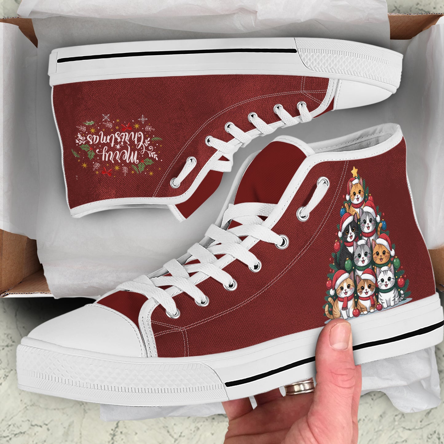 Adorable Puppy Pile High Top Canvas Shoes | Burgundy Dog Christmas Tree Sneakers