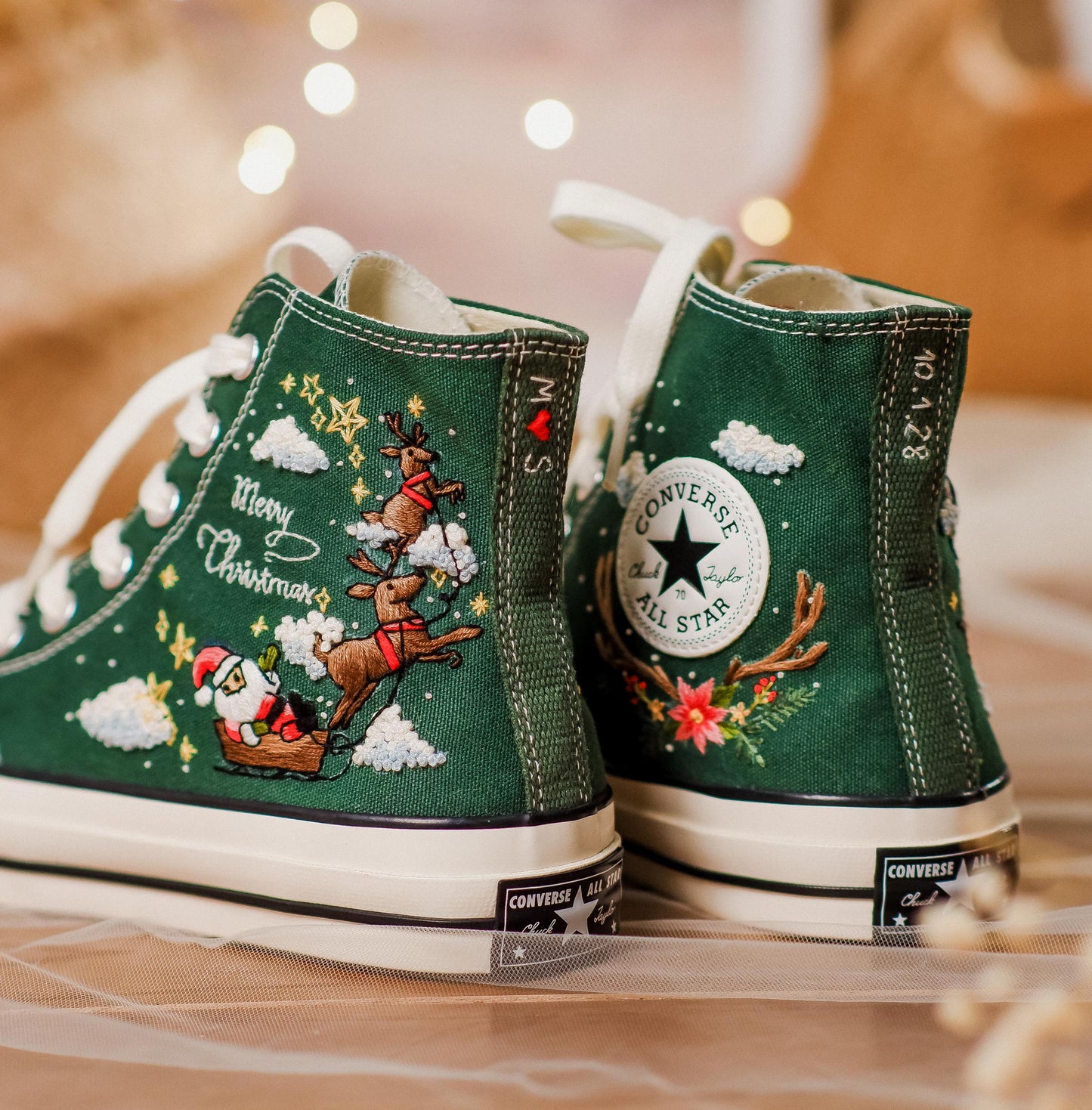 Custom Christmas Embroidered Converse High Tops | Santa Claus, Reindeer & Poinsettia Floral Sneakers