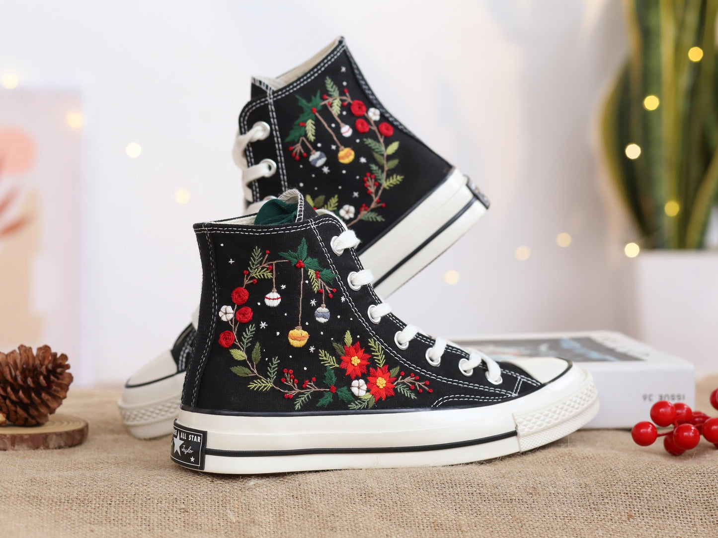 Custom Christmas Embroidered Converse Chuck Taylor | Pine Tree & Floral Holiday Sneakers