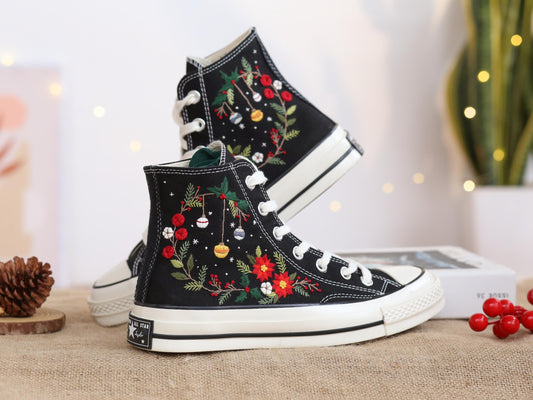 Custom Christmas Embroidered Converse Chuck Taylor | Pine Tree & Floral Holiday Sneakers
