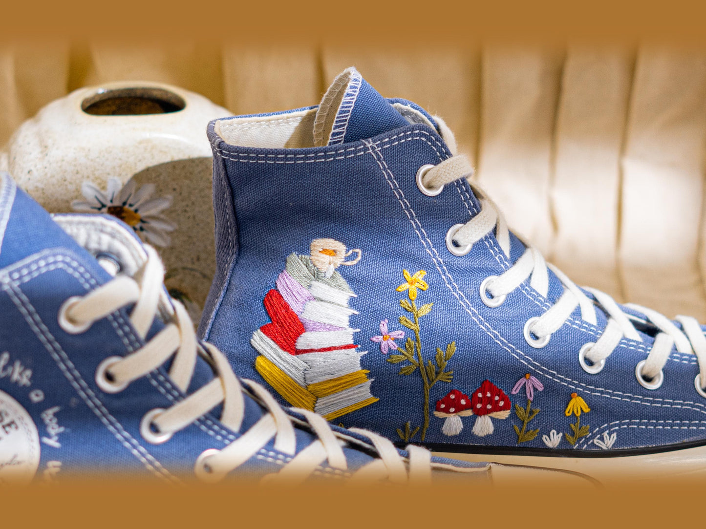 Denim Blue Embroidered Converse Chuck 70 | Custom Book & Mushroom High Top Sneakers | Unique Handmade Gift
