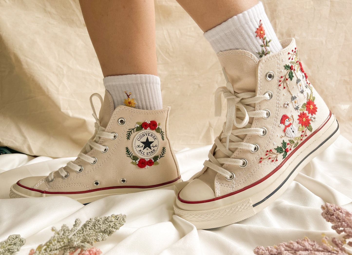 Custom Christmas Embroidered Converse Chuck 70 | Pine Tree & Floral High Top Sneakers