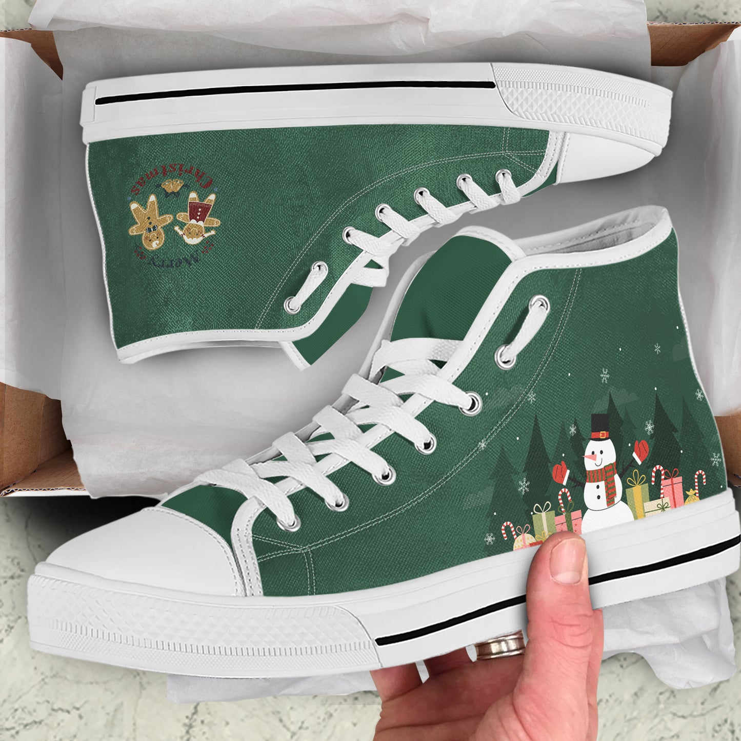 Christmas Snowman High Top Sneakers – Cute Holiday Gift Print, Green Winter Canvas Shoes