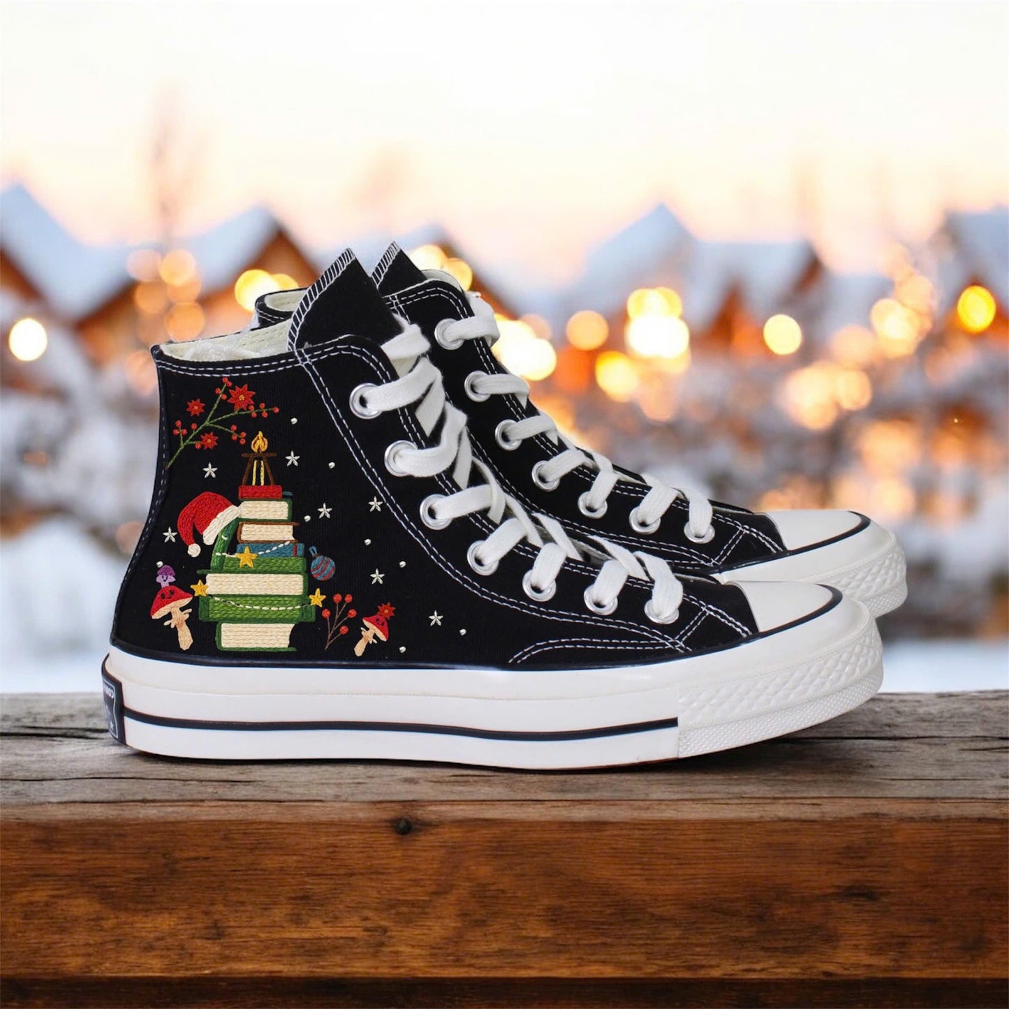 Custom Embroidered Converse Chuck Taylor | Mushroom & Floral Christmas Shoes for Book Lovers