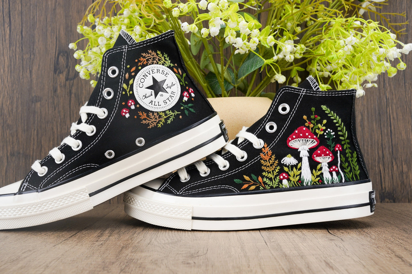 Custom Mushroom Embroidered Converse Chuck Taylor | Handmade Whimsical Sneakers Gift