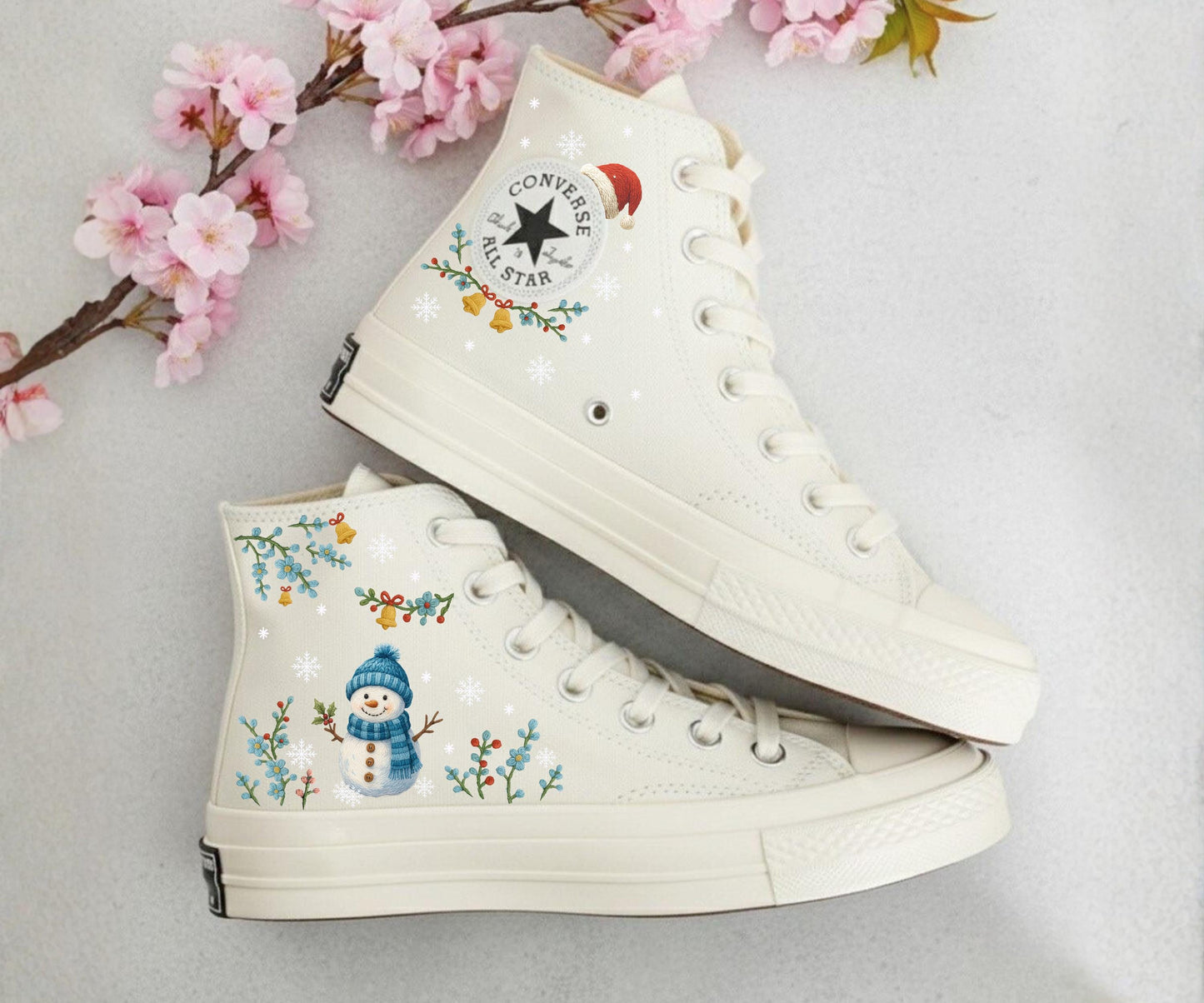 Hand Embroidered Christmas Converse Chuck Taylor | Floral Snowman High Top Sneakers
