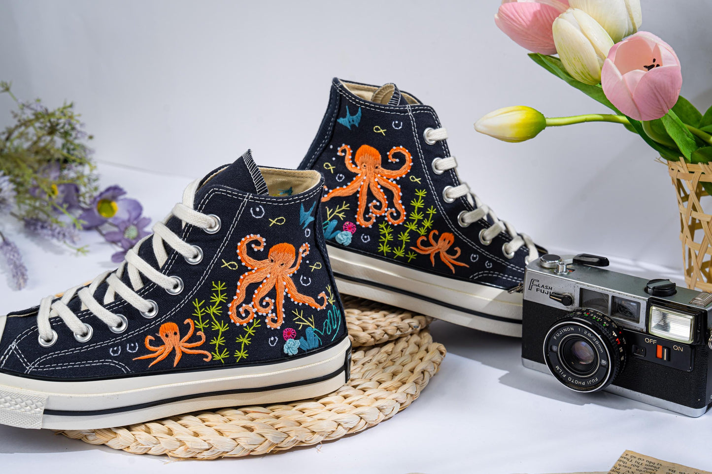 Hand-Embroidered Converse Shoes | Octopus Ocean Design