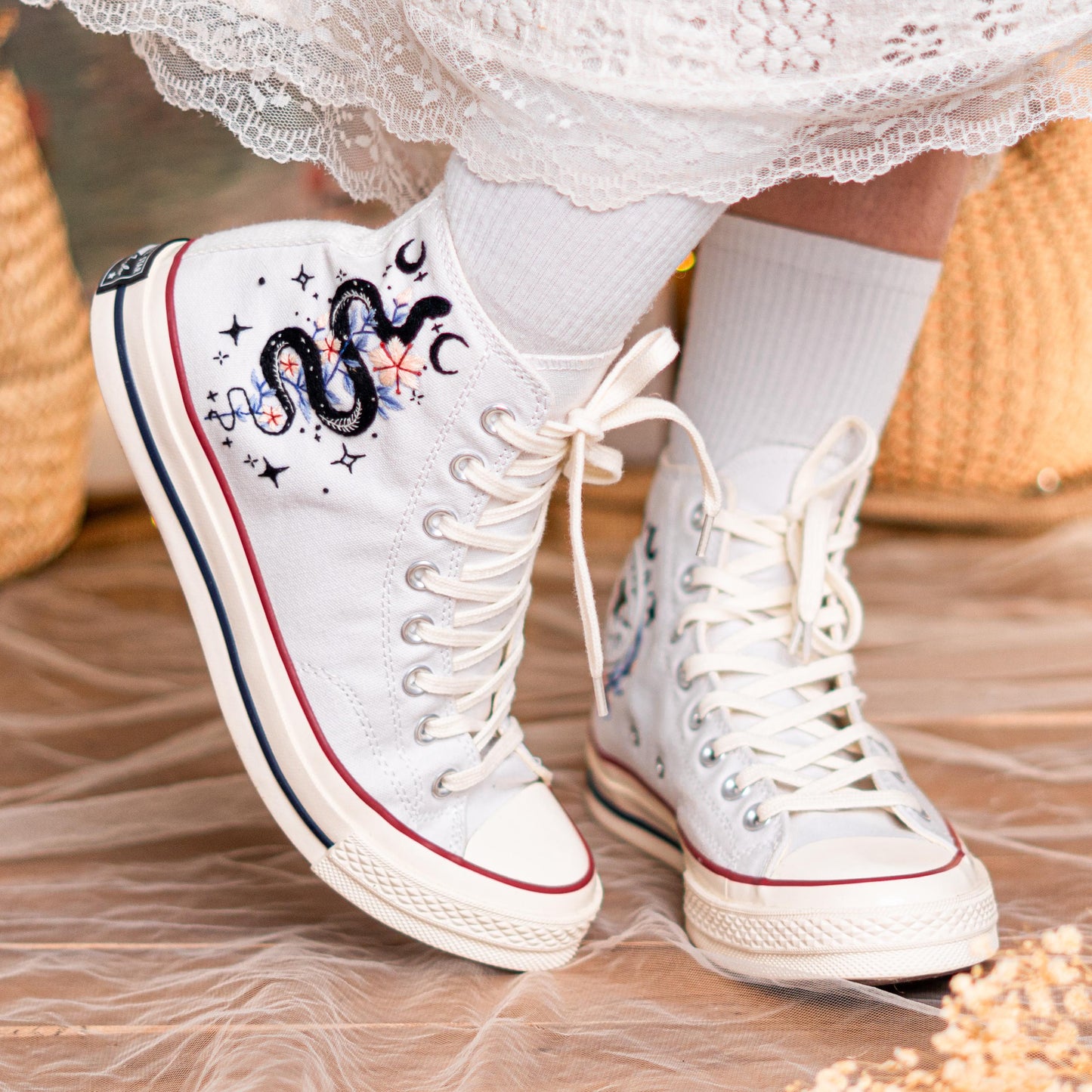 Custom Embroidered Converse Chuck 70 High Tops | Mystical Snake Design | Handmade Fashion Sneakers Gift