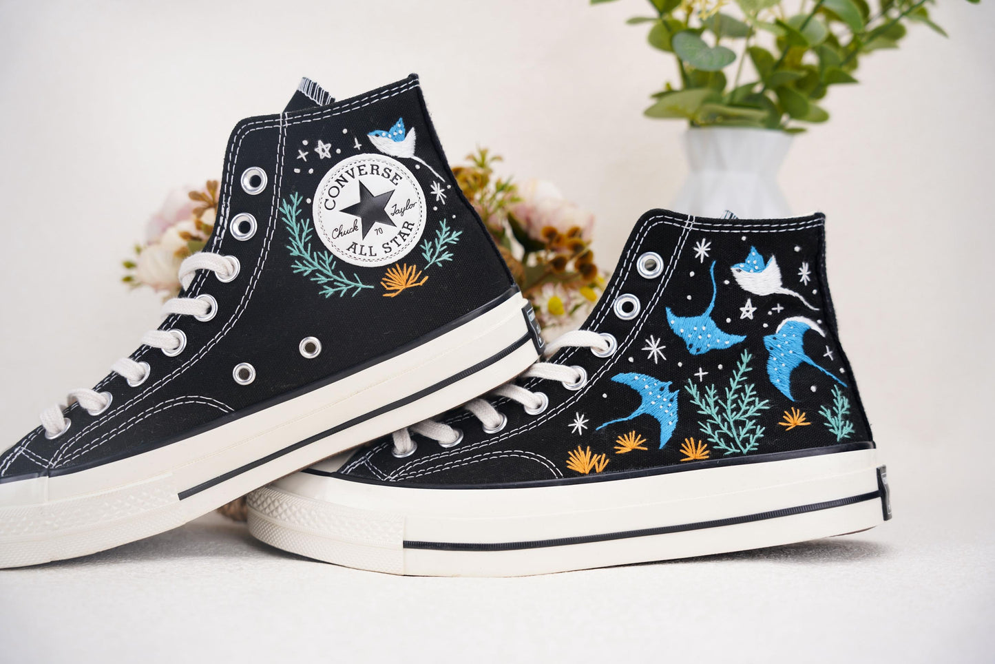 Manta Ray Embroidered Converse | Custom Ocean Chuck Taylor 1970s High Tops