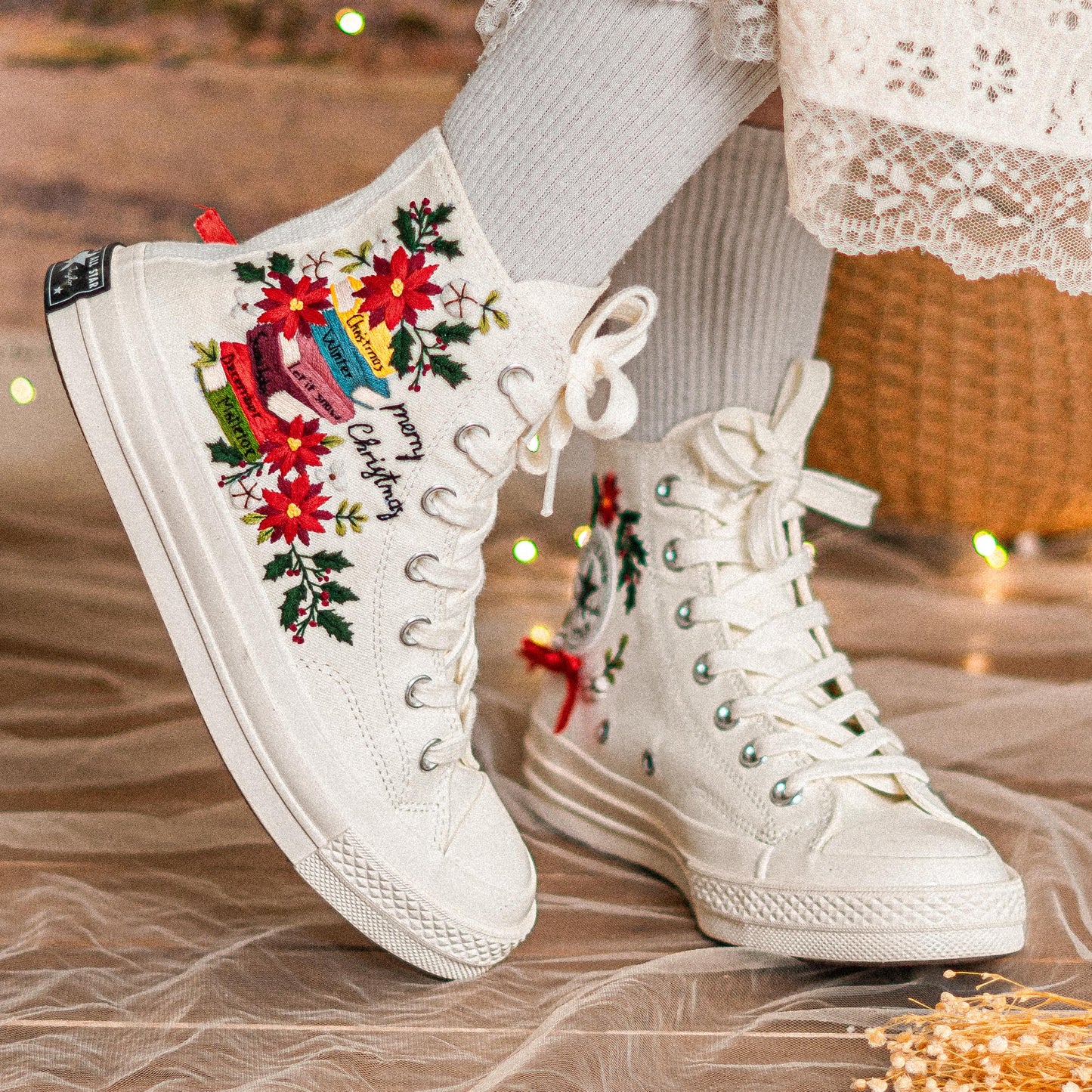 Custom Embroidered Converse Chuck Taylor | Floral & Book Design Christmas Vibes Sneakers