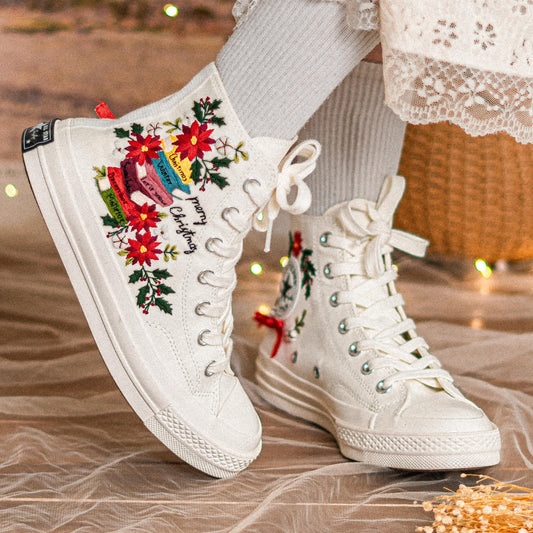 Custom Embroidered Converse Chuck Taylor | Floral & Book Design Christmas Vibes Sneakers