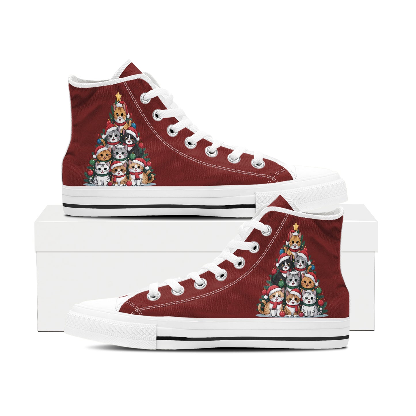 Adorable Puppy Pile High Top Canvas Shoes | Burgundy Dog Christmas Tree Sneakers